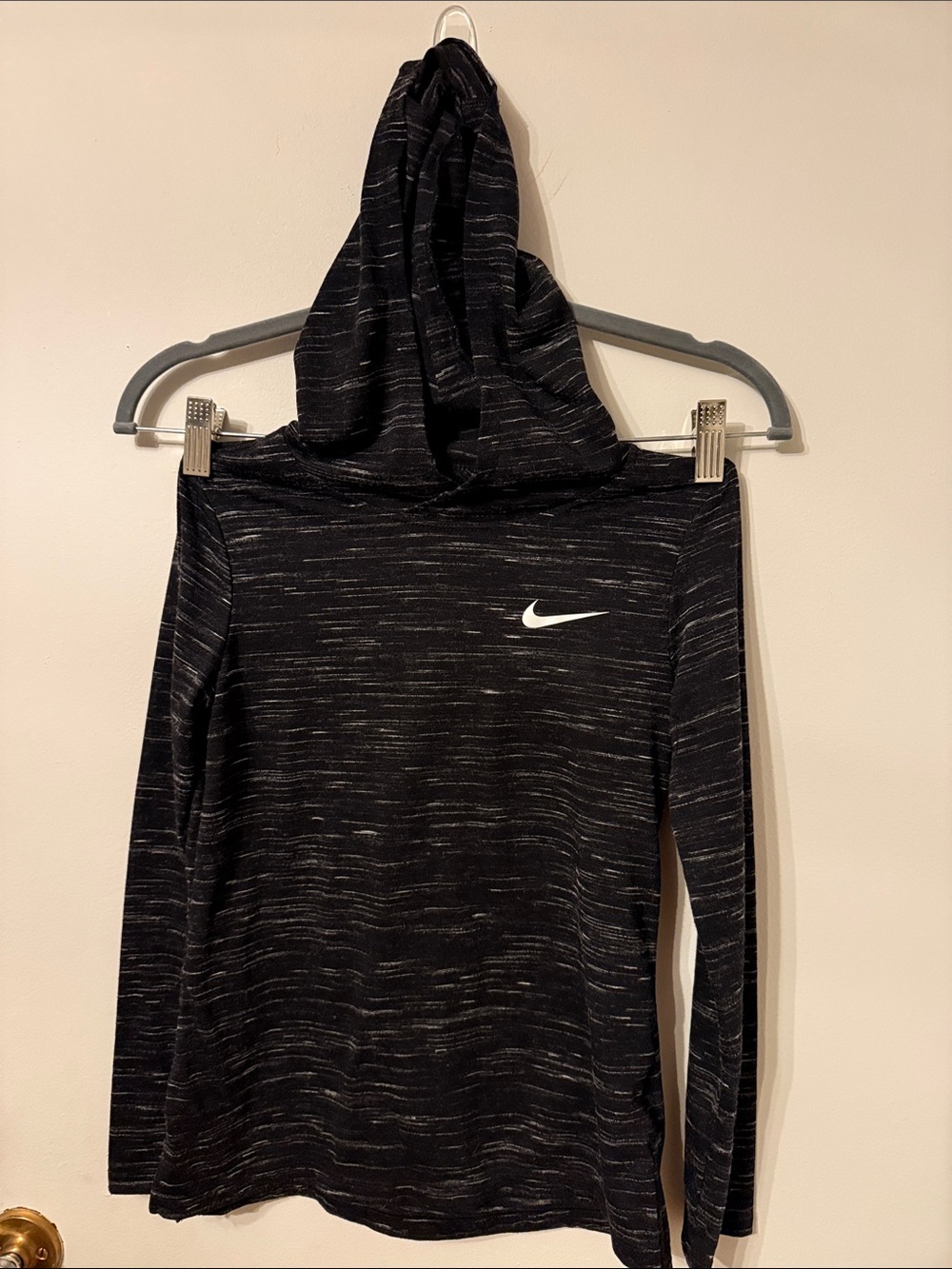 Girls Nike Black Heathered Long Sleeve Hoodie Tee with White Swoosh